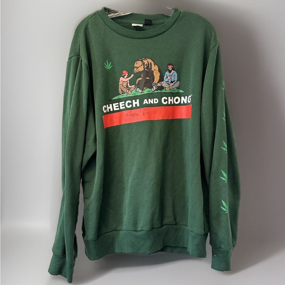 Cheech and Chong Men's Green Crewneck Sweater Size XL Sleeve Design 60% Cotto